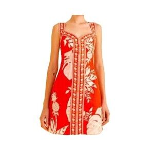 Farm Rio Red White Linen Monsteras Print Mini Button Down Front Dress Sz S NEW